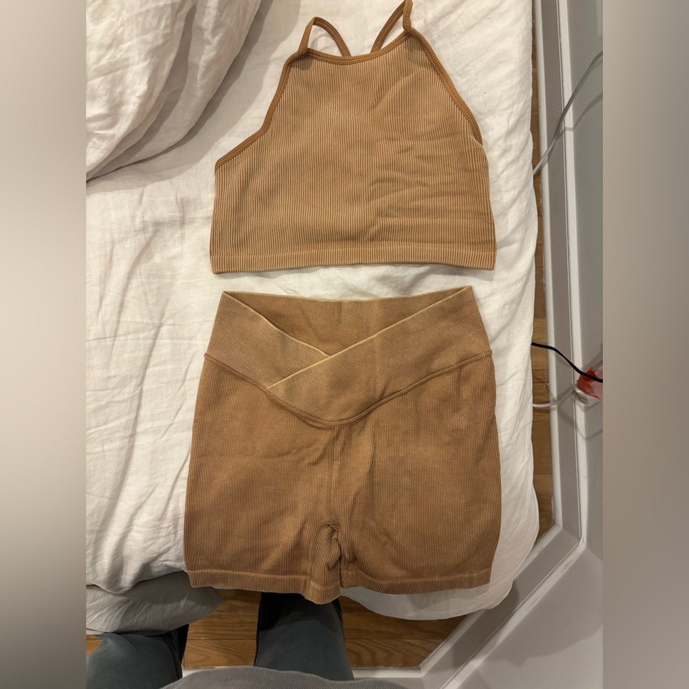 Tan Ribbed Crop Top and Shorts Set